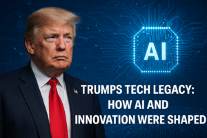 Donald Trump in a suit stands against a digital background with circuit patterns, a glowing AI icon, and the text Trumps Tech Legacy: How AI and Innovation Were Shaped.