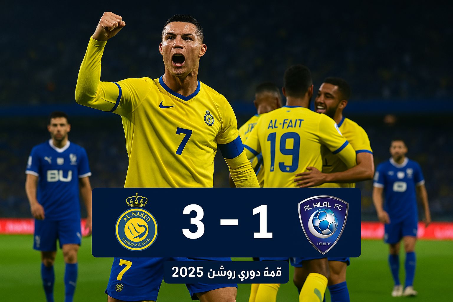 Cristiano Ronaldo celebrates in a yellow Al Nassr jersey with teammates. The scoreboard shows Al Nassr 3, Al Hilal 1, with Arabic text below reading Rosh League summit 2025.