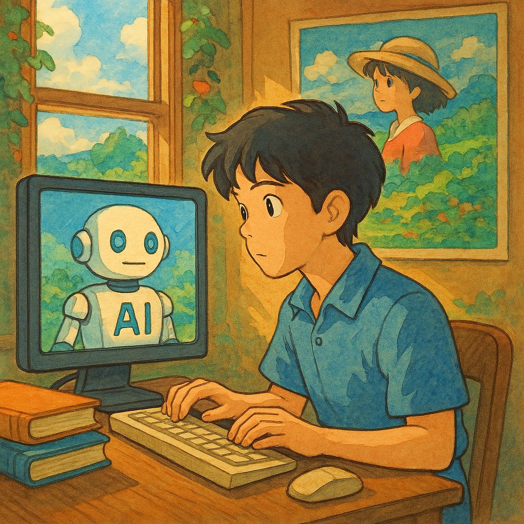 A boy in a blue shirt sits at a desk, typing on a keyboard and looking at a computer screen displaying a friendly robot labeled AI. Sunlight streams through a window, and a painting of a girl in a straw hat hangs on the wall.
