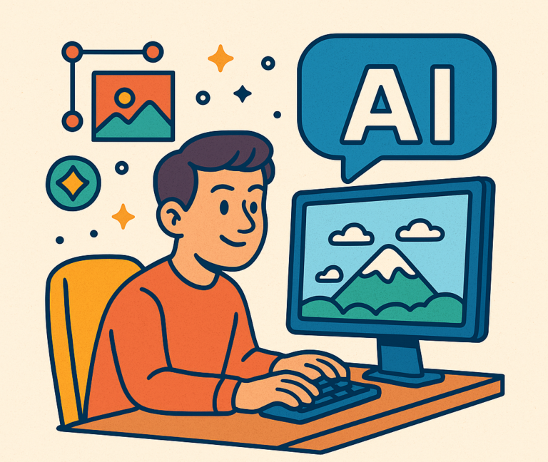 Illustration of a person at a computer, typing as the monitor displays a landscape. Icons of images and a speech bubble with AI highlight the use of أدوات تصميم بالذكاء الاصطناعي for digital art or editing.