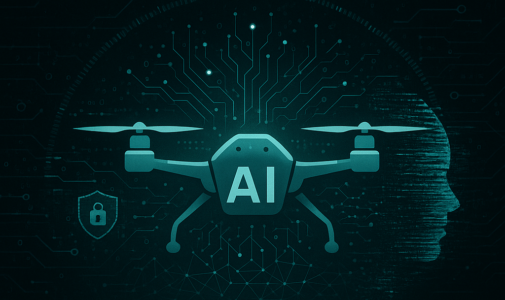 A digital illustration of a drone labeled AI in front of a circuit-like pattern, with a human head silhouette and padlock icon in the background, symbolizing artificial intelligence, الحرب الإيرانية الإسرائيلية والتكنولوجيا.