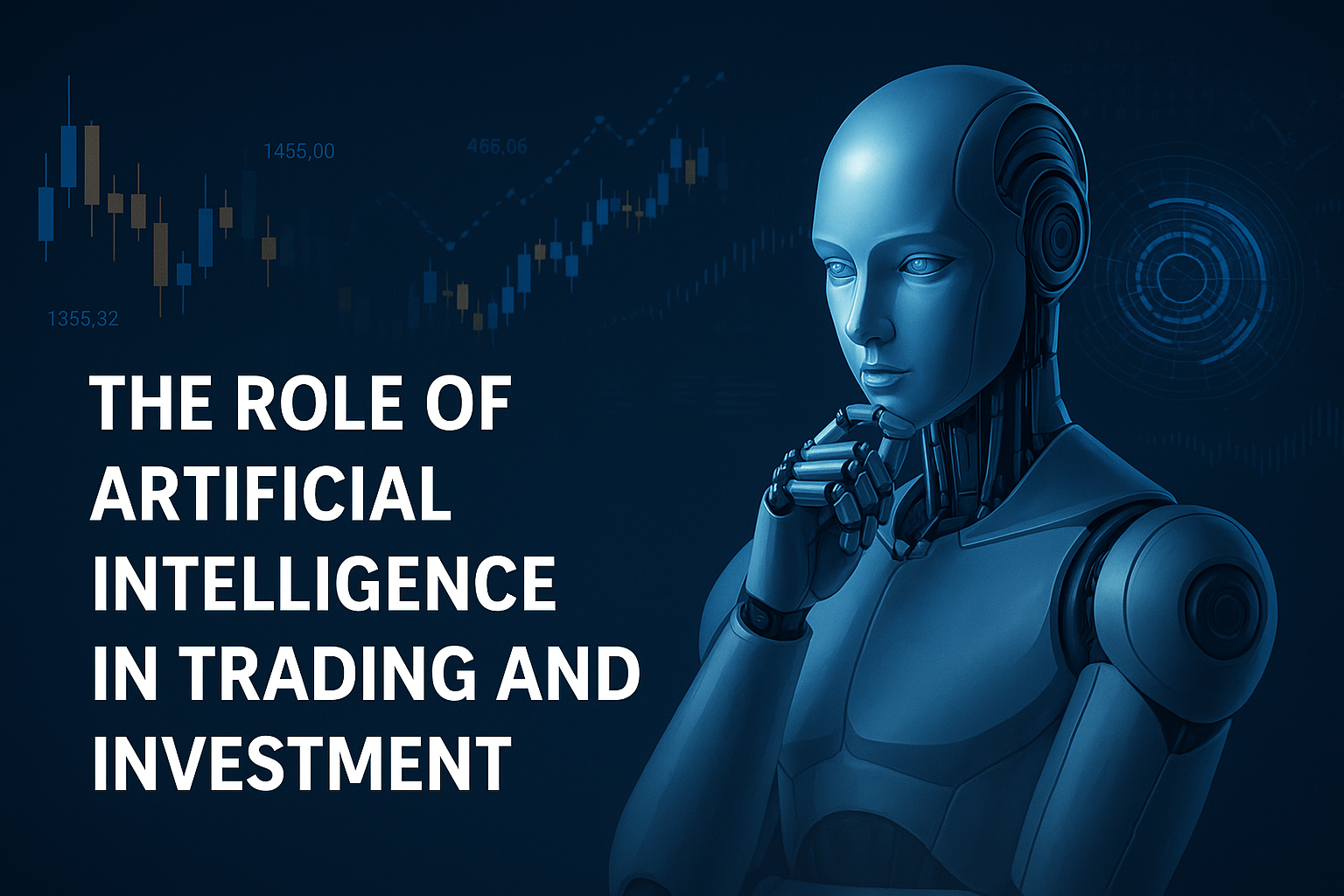 A digital illustration of a humanoid robot thinking, with financial graphs in the background. Text reads: الذكاء الاصطناعي في التداول ودوره في الاستثمار.